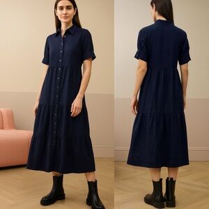 BRORA Size 8 100% Linen Short Sleeve Dress Navy Blue V-neck Collared Midi Ruffle